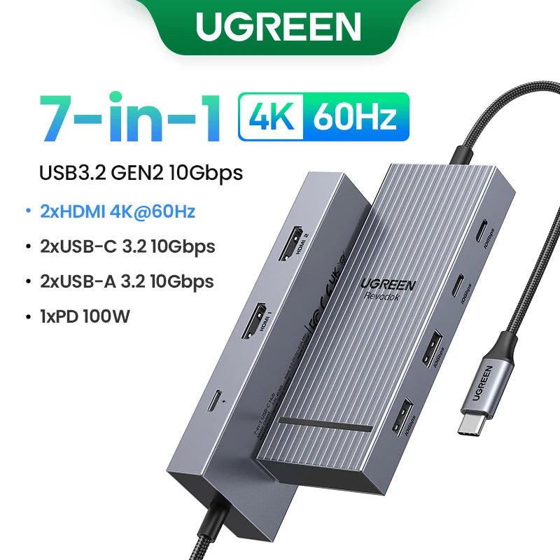 UGREEN USB-C HUB Dual HDMI 7-in-1 Type-C to 4K60Hz 2HDMI 10Gbps USB-A&C Ports PD100W for MacBook Laptop USB Splitter Docking