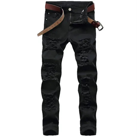 Men's White Straight Hole Destruction Jeans, Asian Size Distressed Red Denim Trousers,  Fashion Designer Brand Black Pants.