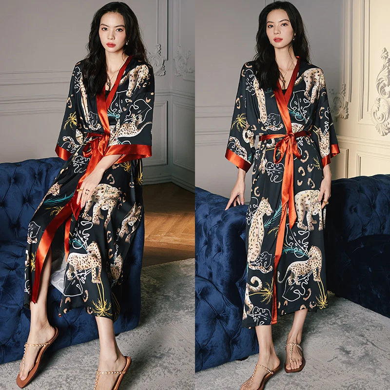 Women Ice Silk Rayon Home Dress Black Print Flower Long Robe Nightgown Spring Summer Half Sleeve Kimono Bathrobe Gown