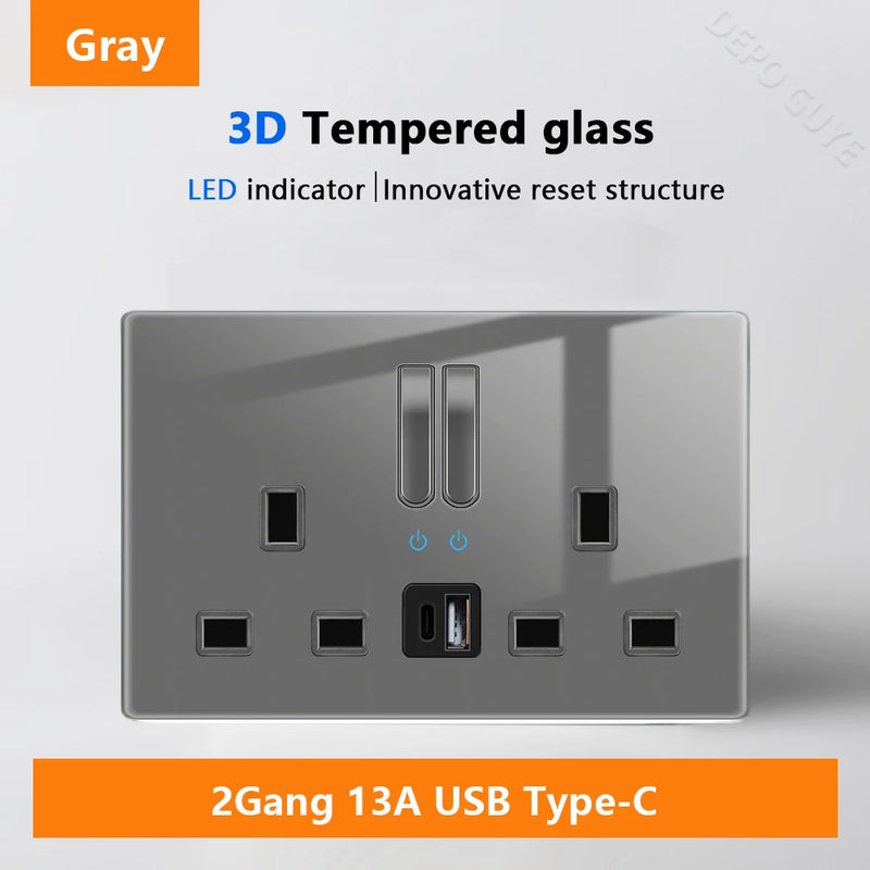 Wall Light Switch Panel LED Indicator UK EU FR Universal USB C Electrical Socket Piano Key Self-reset Wall Switches TV Computer