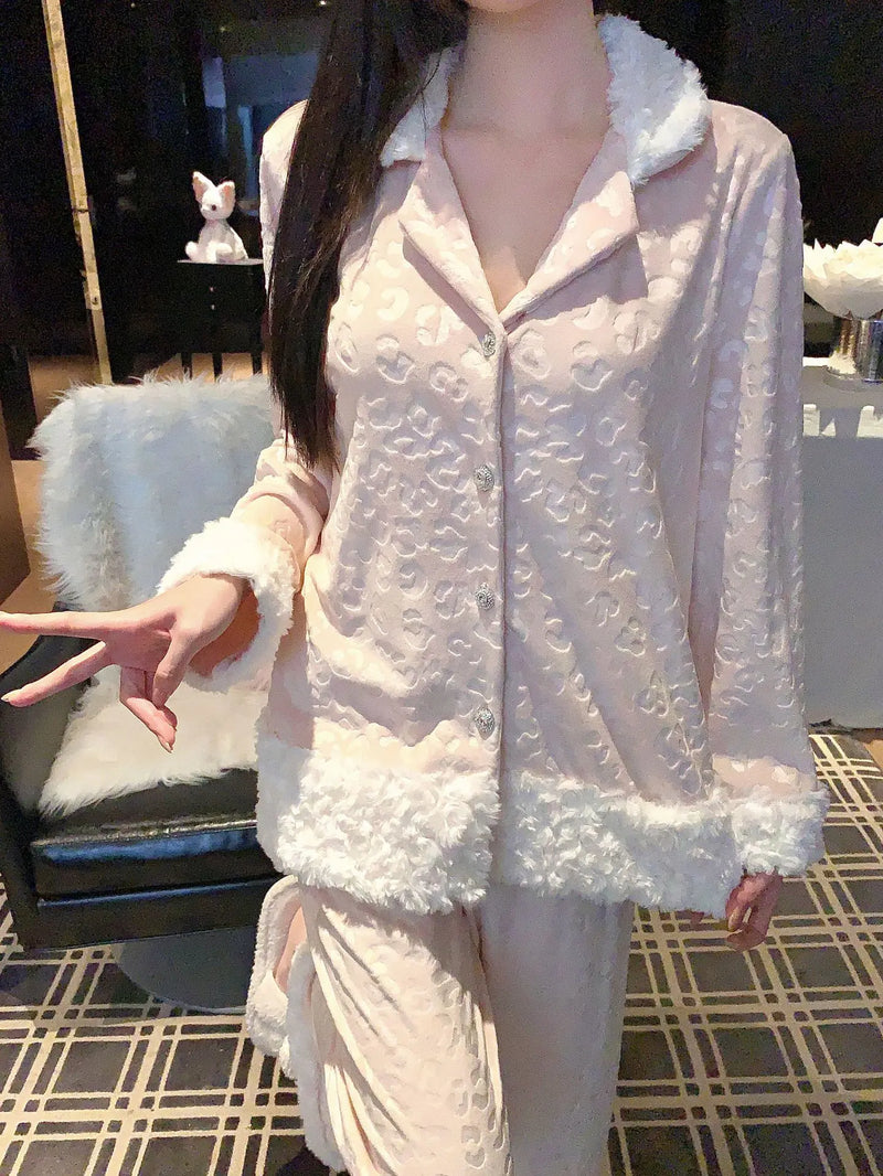 Island Fleece Velvet Women's Pajamas New Lapel Long Sleeve Top Pant Suit Casual Thicken Warm Winter Sleepwear Pijama Home Set