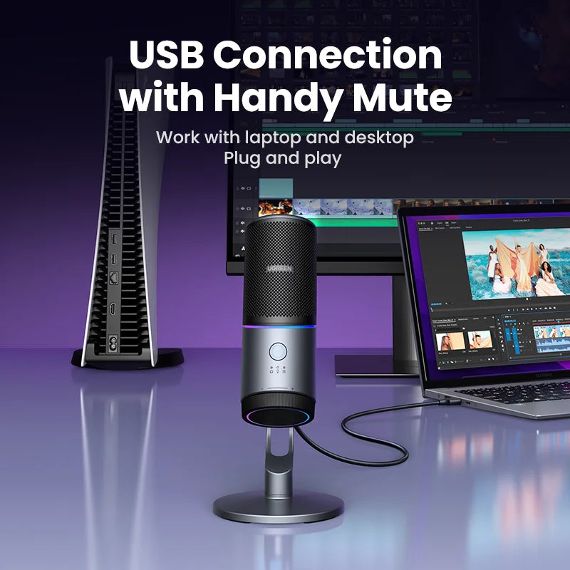 UGREEN USB Microphone with RGB Modes Professional Condenser Mic for PC Mac Gaming Karaoke Recording Streaming Podcasting