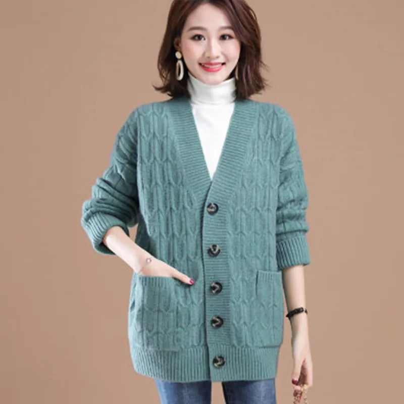 Spring Autumn New Korean Fried Dough Twist Cardigan Coat Women Fashion Loose Sweater V Neck Knitwears Long Sleeve Tops