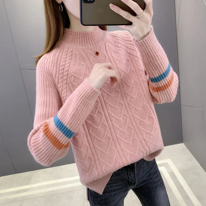 Casual Thicken Warm Pull Femme Knitwears Sueter Half High Collar Knitting Sweater For Women Autumn Winter Base Pullovers Tops