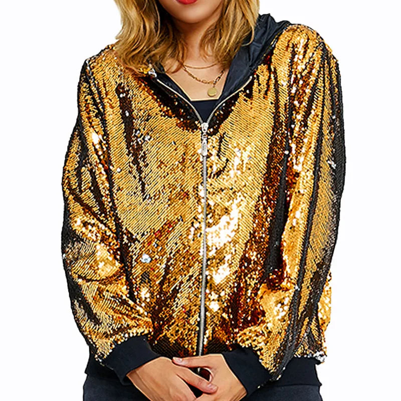 Sparkling Red Hooded Jacket with Sequin Decoration for Women, Fashionable Gold Outerwear with Silver Blue Purple Green Options