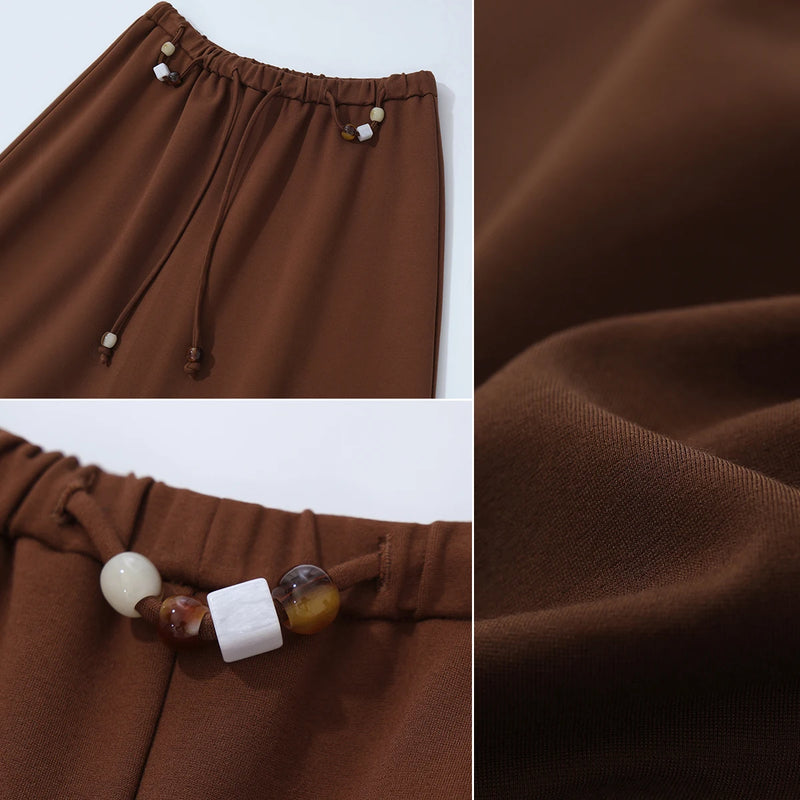 Amii Long Skirt 2026 Autumn New Drawstring Waist Casual Knit Women's Skirt Stretch Loose Daily Wear Flowy Woman Clothes 12643010