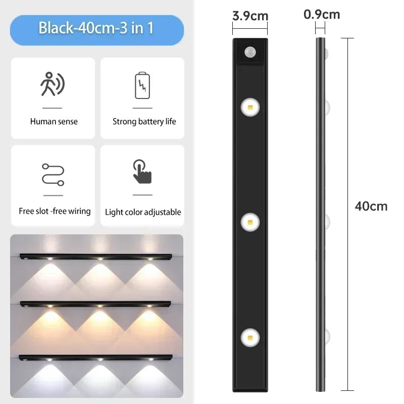 3 in 1 Under Cabinet Lights Wireless Lamp with Motion Sensor Night Lights for Kitchen Bedroom Wardrobe Closet Desk 20/30/40/50CM