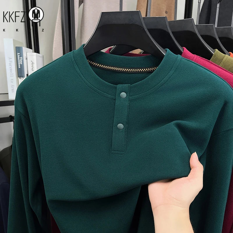 Male Comfort Henley Pullover Long Sleeve Thermal Fabric Two Button Front Breathable Travel Casual Garment