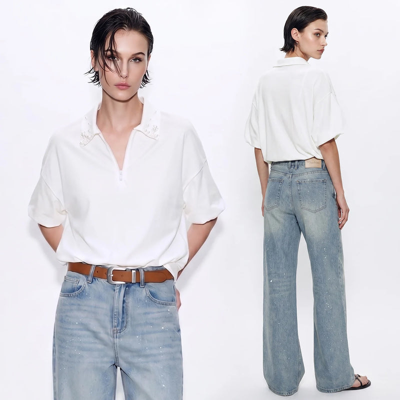 Amii Women's T-Shirt 2026 Summer New Lapel Collar Beaded Zip Drop Shoulder Cotton Tee Casual Short Sleeve Top For Women 12622097