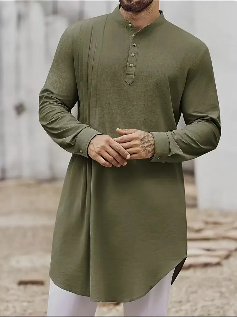 2026 Summer New Style Men's Long Cotton Shirt, Middle Eastern Arab Muslim Robe, Available in White, Black, Blue and Green.