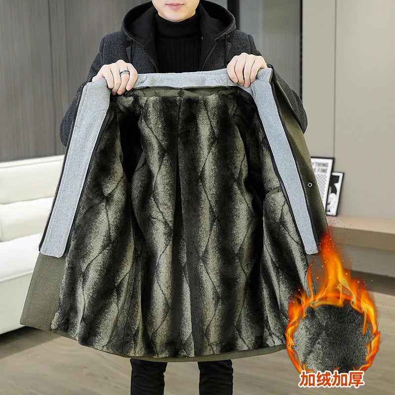 2026 Winter New Men's Black Long-Sleeve Hooded Trench Coat, Dark Gray Single-Breasted Long Jacket, Stylish and Warm Overcoat.