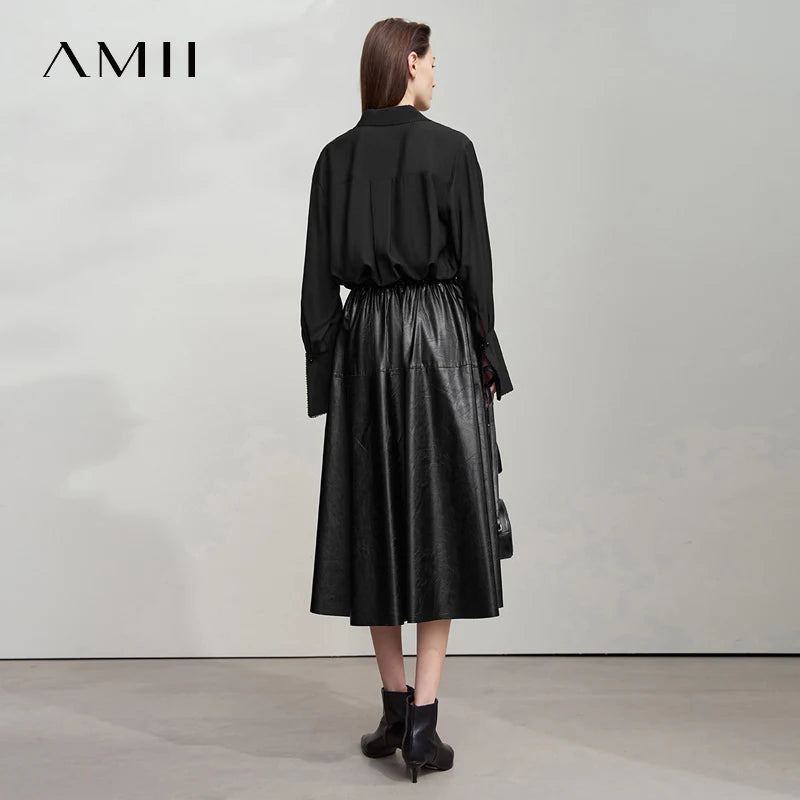 AMII Minimalist Woman Black Midi Skirt 2026 Autumn Vintage Loose Luxury Party PU Leather Skirts Casual A Line Skirts 12543028