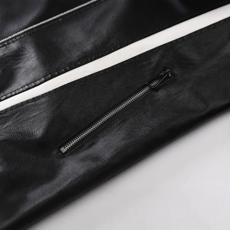 New Fall Men's Faux Leather Jacket with Red, Black, and White Color-blocked Accents—a Stylish and Casual PU Coat.