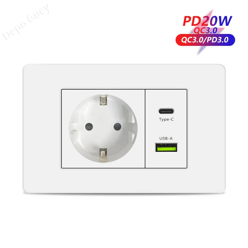EU Korea Power Plug with 16A Usb Wall Socket,Electric 2Way Light Switch Panel,Universal USB Type-C 20W Fast Charging Outlet 220V