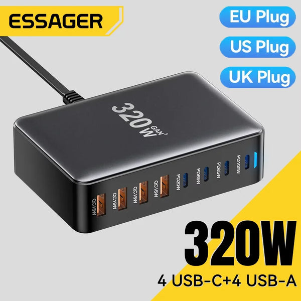 ឆ្នាំងសាក Essager 320W GaN 8 រន្ធ USB ប្រភេទ C ស្ថានីយសាកថ្មលើតុ PD 100W សាកថ្មលឿនសម្រាប់ iPhone 17 16 15 iPad MacBook កុំព្យូទ័រយួរដៃ