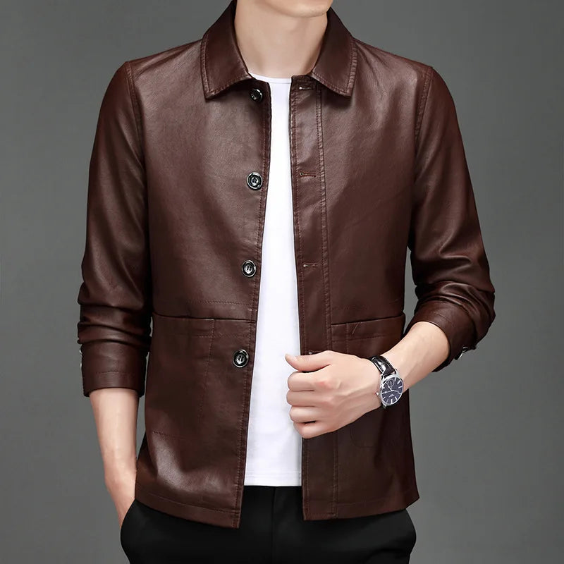 New Product Launch in 2026: Men's Black Long-sleeved PU Jacket, Artificial Leather Single-button Lapel Coat.