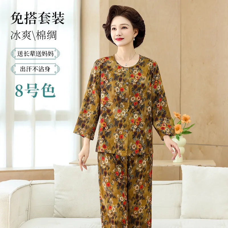 Middle-aged XL-4XL LARGE Home Wear Nightwear for Women Pajamas Floral Spring New Long Sleeve Pyjamas Set Woman Night Clothes