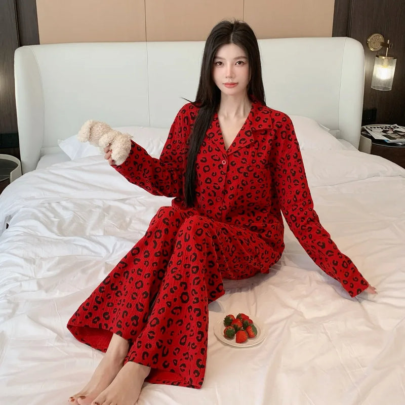 Leopard Print Cotton Pajamas Woman Sleepwear Home Wear Spring Autumn Long Sleeve Nightwear Women's 2-piece Sets Pijama Pyjamas