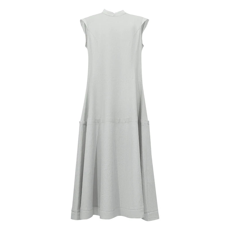 Amii Women's Dress 2026 Summer New Chinese Style Mandarin Collar Bow Broad Shoulder Elegant Patchwork Midi Dress Woman 12642055