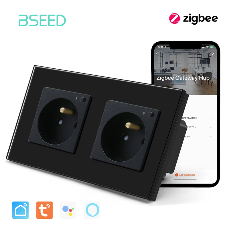 BSEED ZigBee Smart FR Socket Double Powe Sockets Triple Wall French Oulets Work With Tuya Google Home Smart Life Alexa