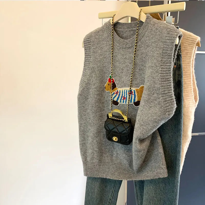 Basic Cartoon Sleeveless Vest Knitted Sweater Spring and Autumn Loose Ladies Knitwear Top Woolen Jackets Women Waistcoat