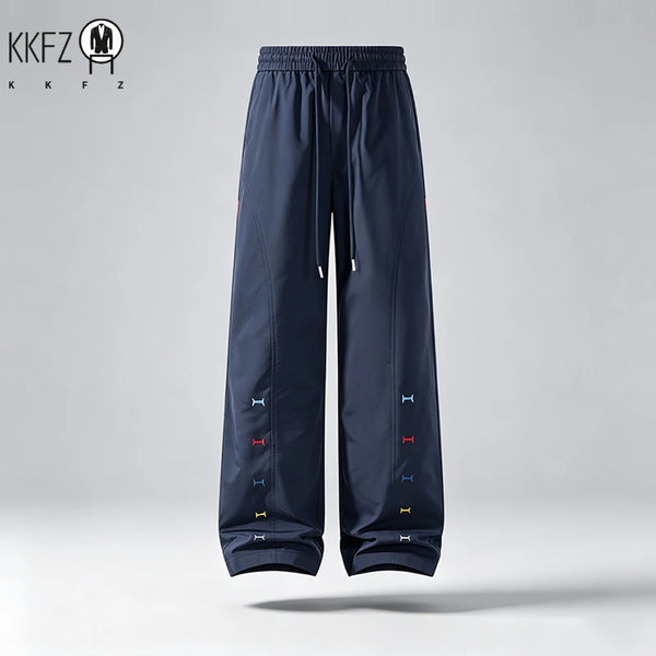 Mens Streetwear Wide Leg Trousers Elastic Waist Long Drawstring Loose Silhouette Side Embroidery Light Fabric For Commute
