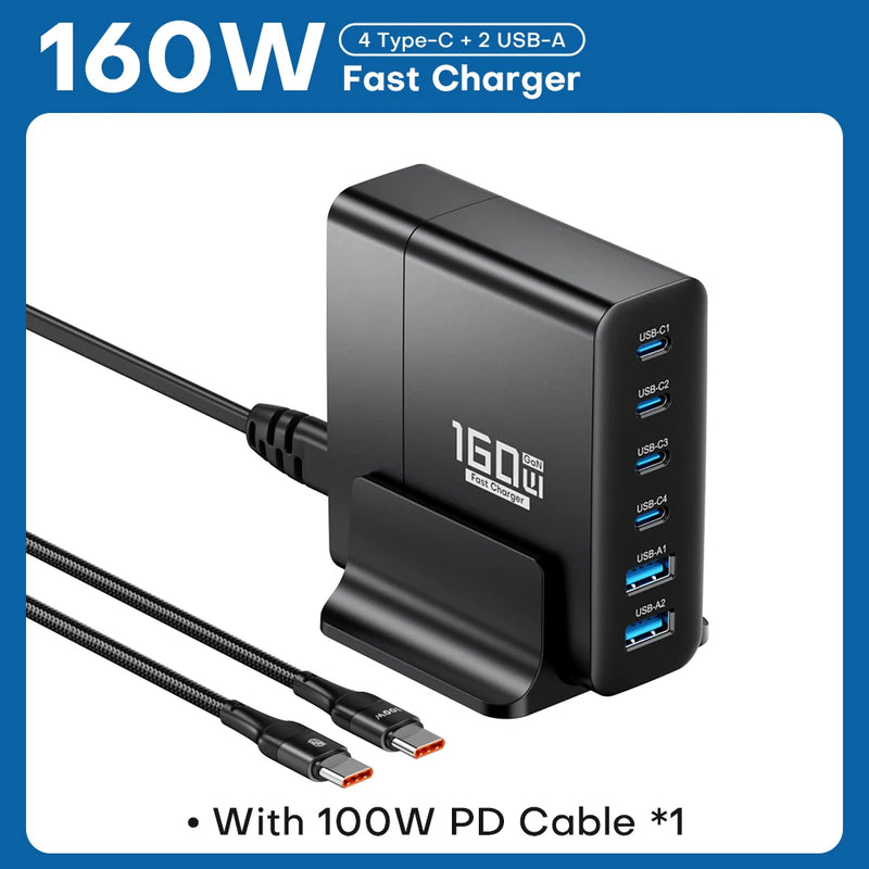 ស្ថានីយសាកថ្មលឿន GaN USB C 160W PPS PD QC សាកថ្មលឿន 6 រន្ធ សម្រាប់ MacBook iPad iPhone 14 13 Samsung Laptop