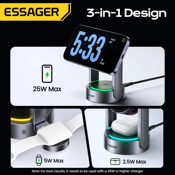 ឆ្នាំងសាកឥតខ្សែ Essager Qi2.2 25W ម៉ាញេទិក 3 ក្នុង 1 ជើងទម្រសាកថ្មលឿន សម្រាប់ iPhone17 16 Pro Max Samsung S25 នាឡិកា កាសស្តាប់ត្រចៀក AirPods