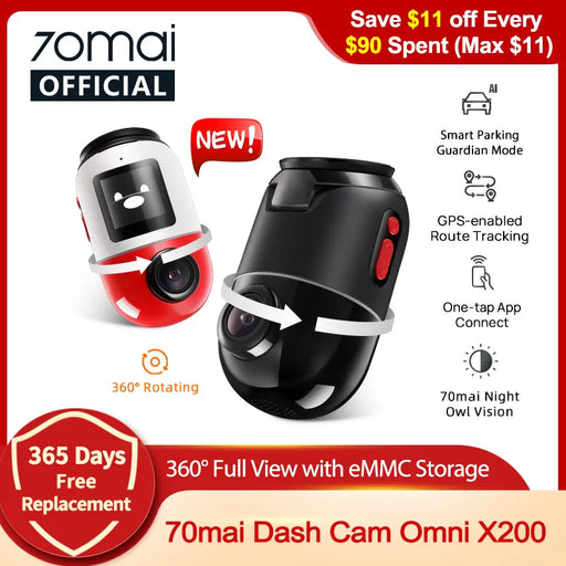 70mai Dash Cam Omni X200 360° Full View Built-in GPS ADAS 70mai Car DVR X200 Camera 24H Parking Monitor eMMC Storage AI Motion