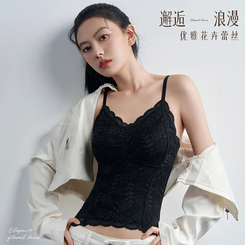 Sexy Slim-fitting French Lace Sling Vest for Women Fixed Cup Double Breasts Gathered Inner Top One Piece Sleepwear Pajamas