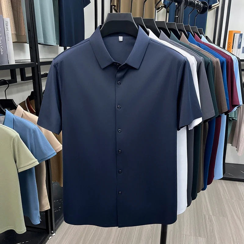 Men Summer Casual Short Sleeve Button Up Shirt Ice Silk Breathable Wrinkle Free Business Formal Shirt