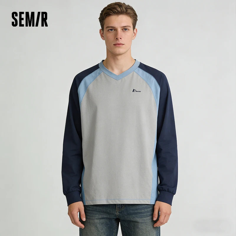 Semir Men Tshirt 2026 Spring Color Block Patchwork Quick Dry Loose V Neck Letter Couple Long Sleeve Casual Tops
