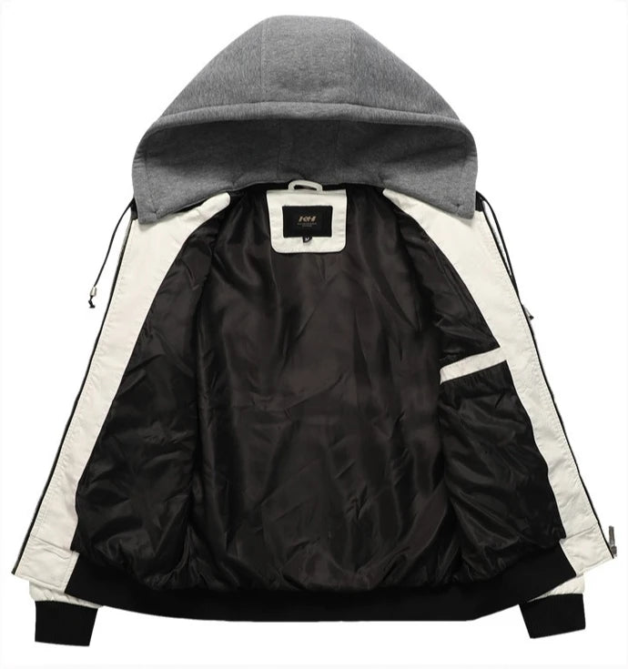 European and American-style Men's White Faux Leather Jacket; Black Hooded PU Motorcycle Coat with A Detachable Hood.