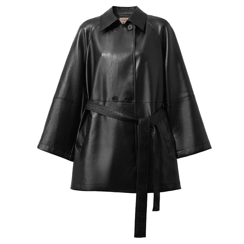 Amii Women's Oversize Faux Leather Jacket Lapel Collar Belt Raglan Sleeve Fashion Coat 2026 Autumn Trend Woman Clothing 12653017