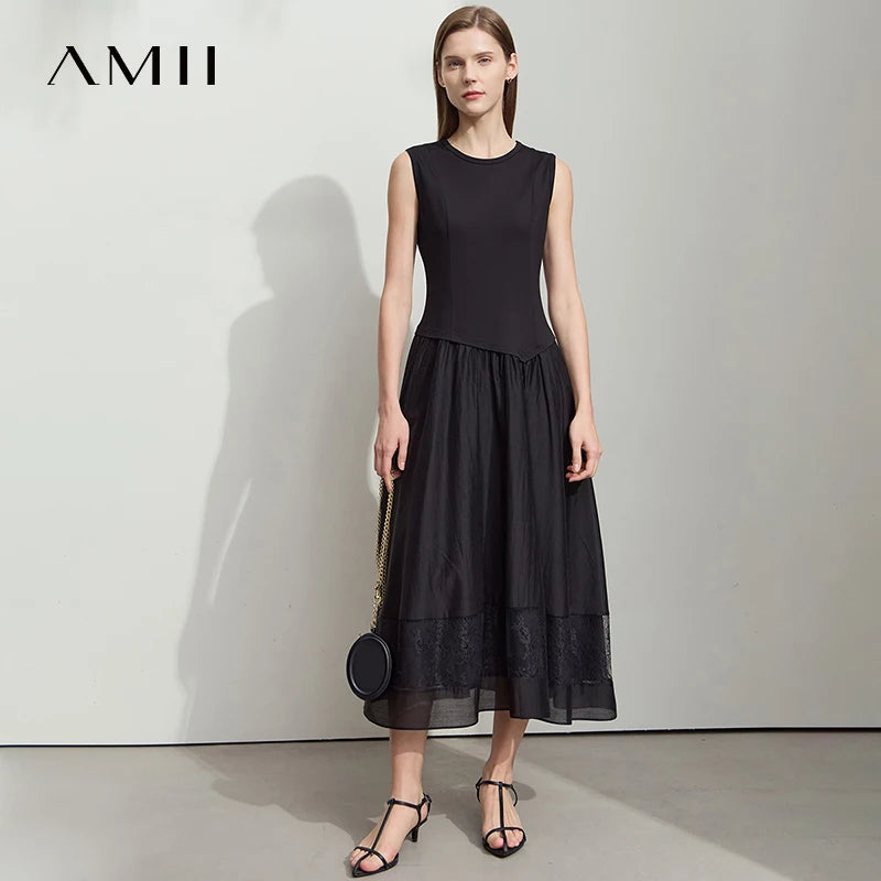 រ៉ូប Amii Minimalist រដូវក្តៅថ្មីឆ្នាំ ២០២៥ រ៉ូបប៉ាក់រាងអក្សរ A សម្រាប់ស្ត្រី រ៉ូបពណ៌ខ្មៅបែបចរ 12552054