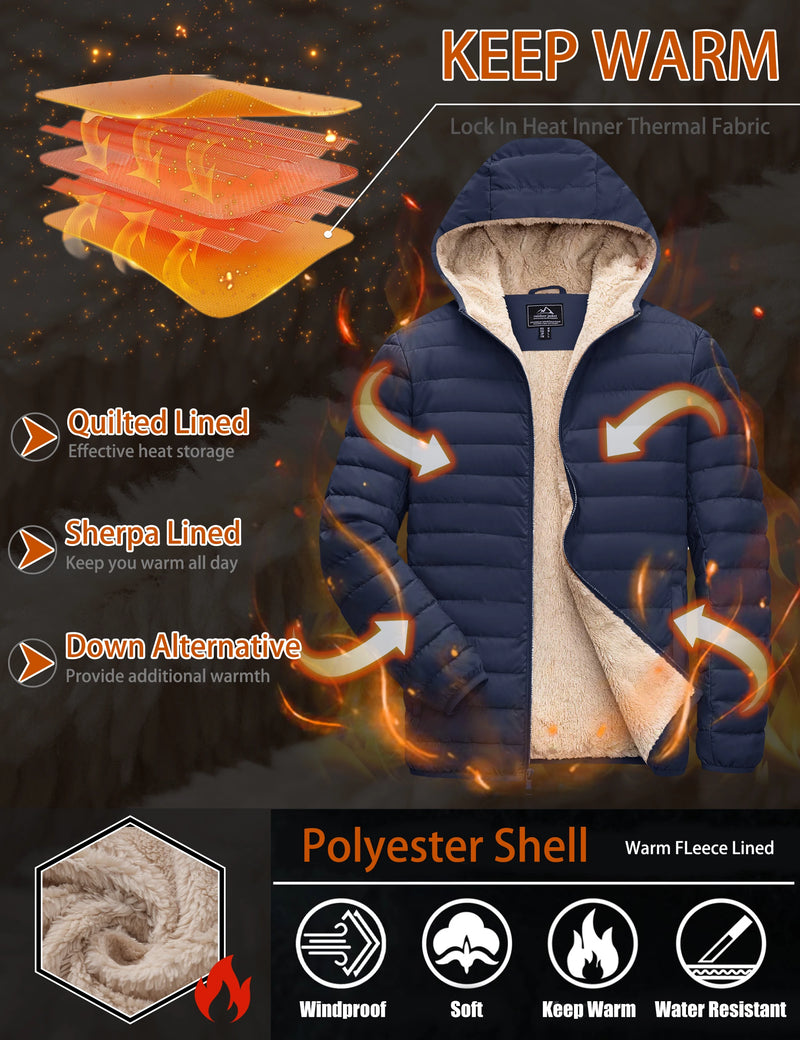 TACVASEN Men's Winter Puffer Sherpa Lined Quilted Waterproof Down Jacket Warm Windproof Ski Coat For Hiking And Fishing