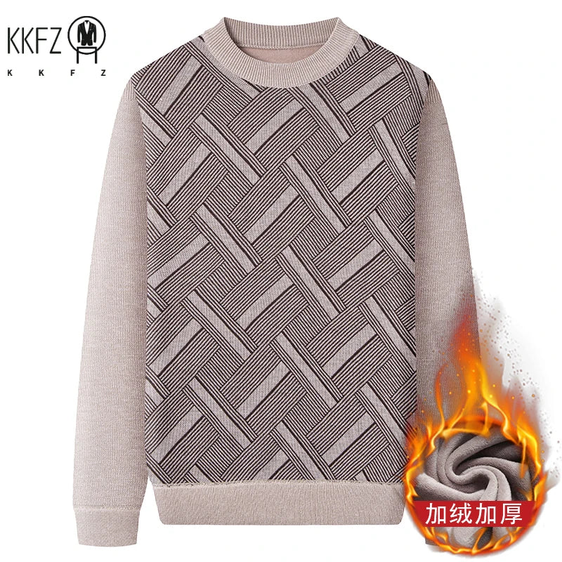 Street Style Male Knit Sweater Geometric Interlaced Stripe Pattern Comfortable Crew Neck Daily Outing Long Sleeve Top