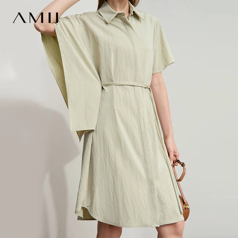 Amii Women's Dress 2026 Summer Turn-down Collar Pleated Asymmetric Batman with Belt Loose Diagonal Female Midi Dress 12512041