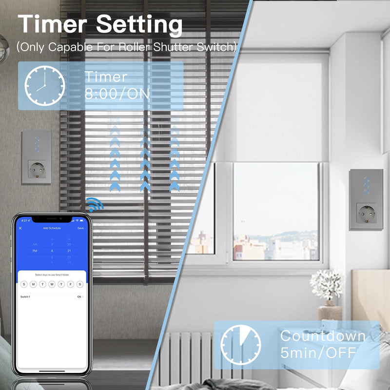 BSEED Wifi Touch Roller Shutter Switch With EU Standard Wall Socket USB Type-C Smart Wireless Blinds Switch Tuya Alexa Control