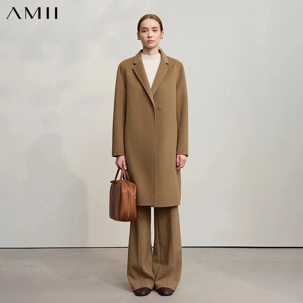 AMII Minimalist Woolen Coat 2026 Winter New Loose Solid Color Versatile Women's Clothing Wool Long Sleeves Coat Women 12524044