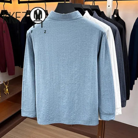 Breathable Vertical Texture Henley Pullover Men Long Sleeve Mandarin Collar Two Button Front Versatile Everyday Garment