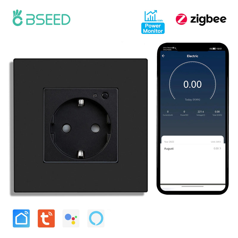 BSEED EU Standard Zigbee Wall Socket Smart Power Monitor Socket 220V 16A Plastic Panel Tuya Alexa Google Smart Life Control