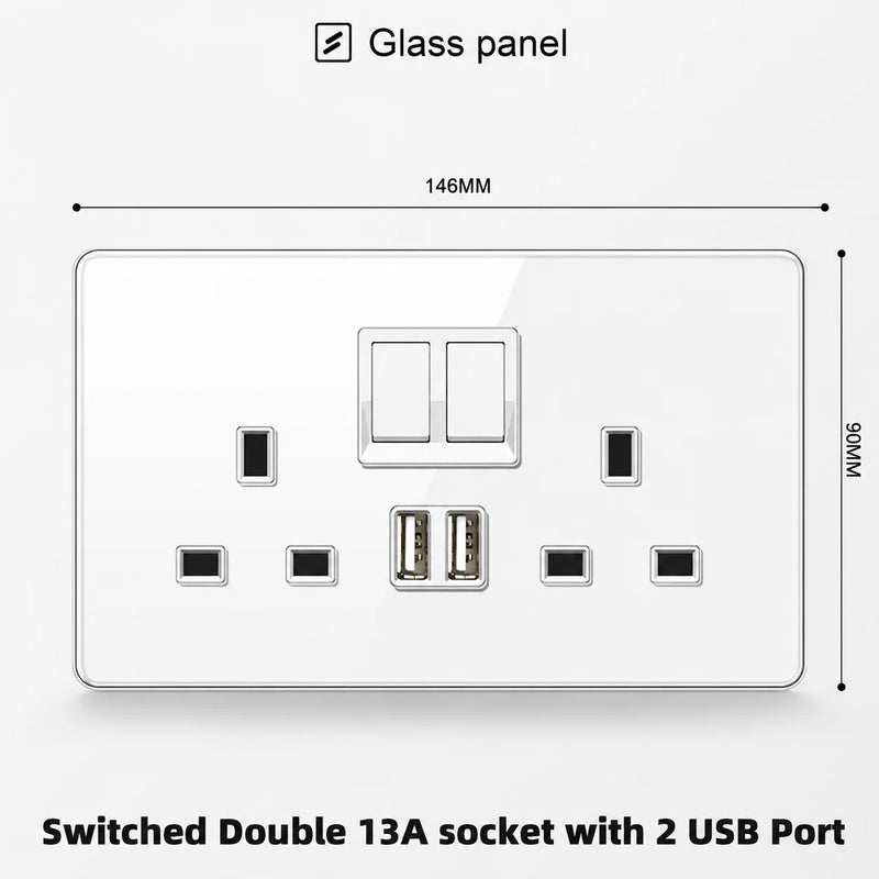 White Tempered Glass 2Way Wall Light Switch, UK Wall 18W Type-C Fast Charging USB Socket, Universal Electrical Outlet Plug 220V