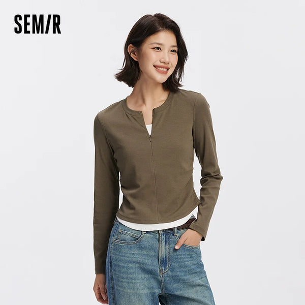 អាវយឺត Semir សម្រាប់នារី សាច់ស្អាត ដៃវែង ស្លីម ម៉ូតពីរដុំ រចនាបថសាមញ្ញ ទម្ងន់ស្រាល ទាន់សម័យ ជារៀងរាល់ថ្ងៃ