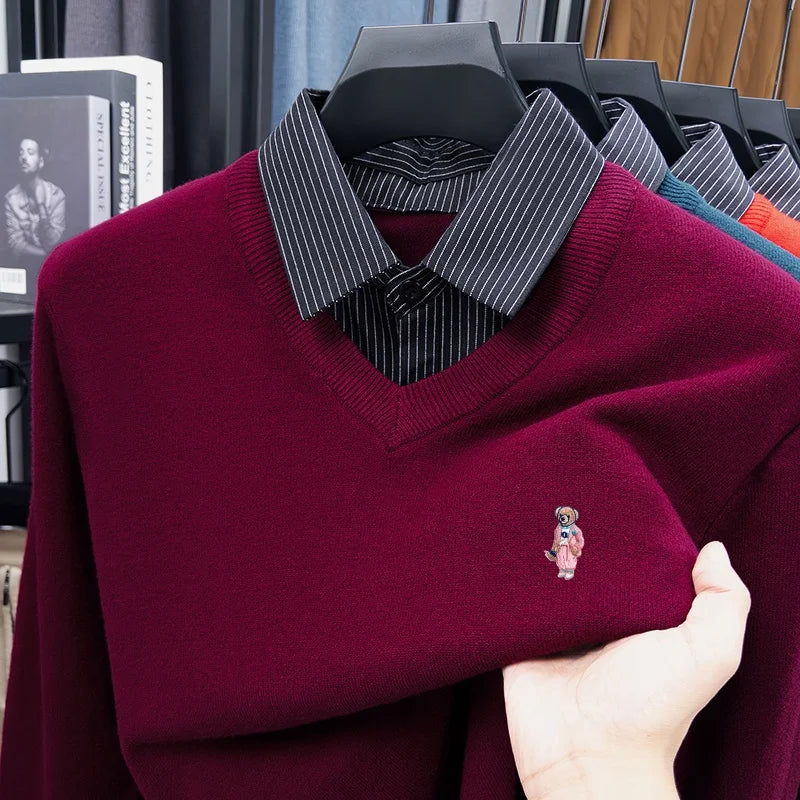 Multi-Color Selection Man False Two-Piece Long-Sleeved Knitwear Bear Embroidery Autumn Winter New Pullover Casual Men's Clothing