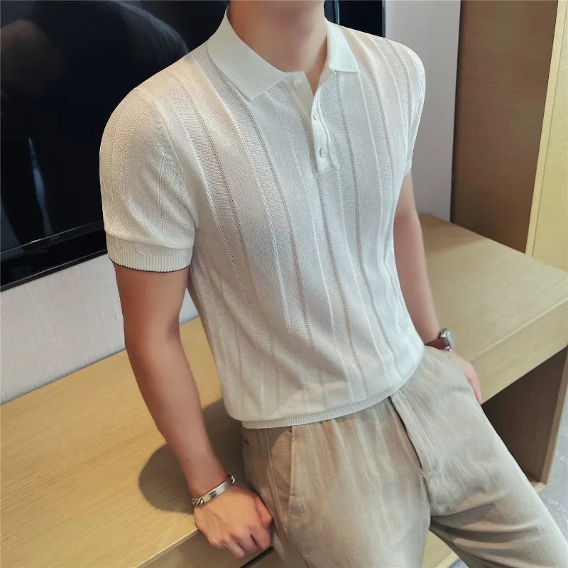 Men's Old Money Style Lyocell-Linen Knit Polo Shirt – Breathable, Soft & Wrinkle-Resistant Short Sleeve Top with Natural Drape