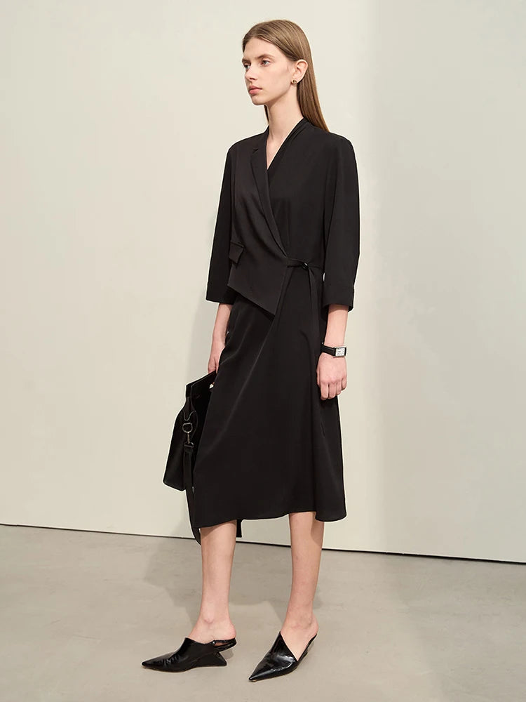 រ៉ូប Amii Minimalism Fake Two Pieces Spliced សម្រាប់ស្ត្រីឆ្នាំ ២០២៤ រដូវស្លឹកឈើជ្រុះថ្មី Midi Commuter រ៉ូបស្តើងដៃបីភាគបួន ១២៤២១០៦៩