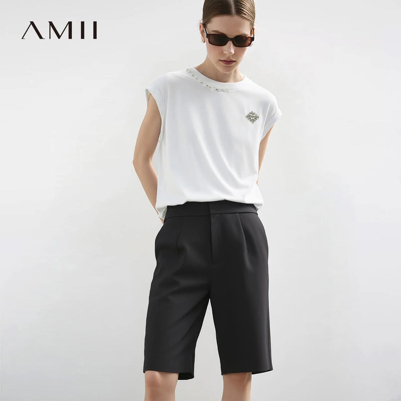 Amii Women's Short Sleeve Tee 2026 Summer New Round Neck Rhinestone Ribbon Stretch Cotton Tee Casual Top For Women 12622034