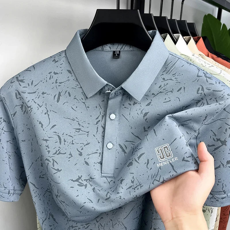 Business Casual Mens Splash Pattern Polo Short Sleeve Breath Mesh Short Vacation And Weekend Party Apparel