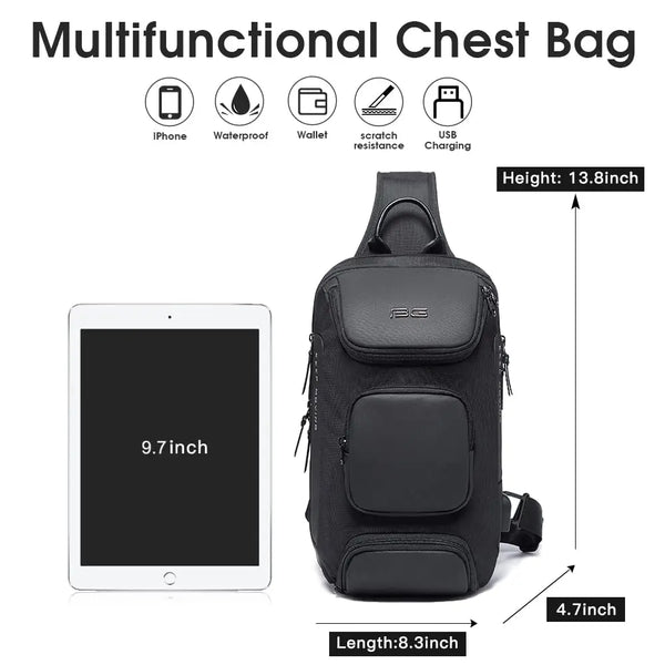 BANGE Men's Anti-theft Chest Bag Shoulder Strap USB Rechargeable Crossbody School Gym Pack, Men Sports Waterproof Shoulder Bag